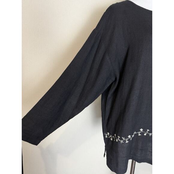 Marc Ware Women's 100% Linen Tunic Sz L Long Sleeve Black White Embroidery USA - Picture 3 of 13